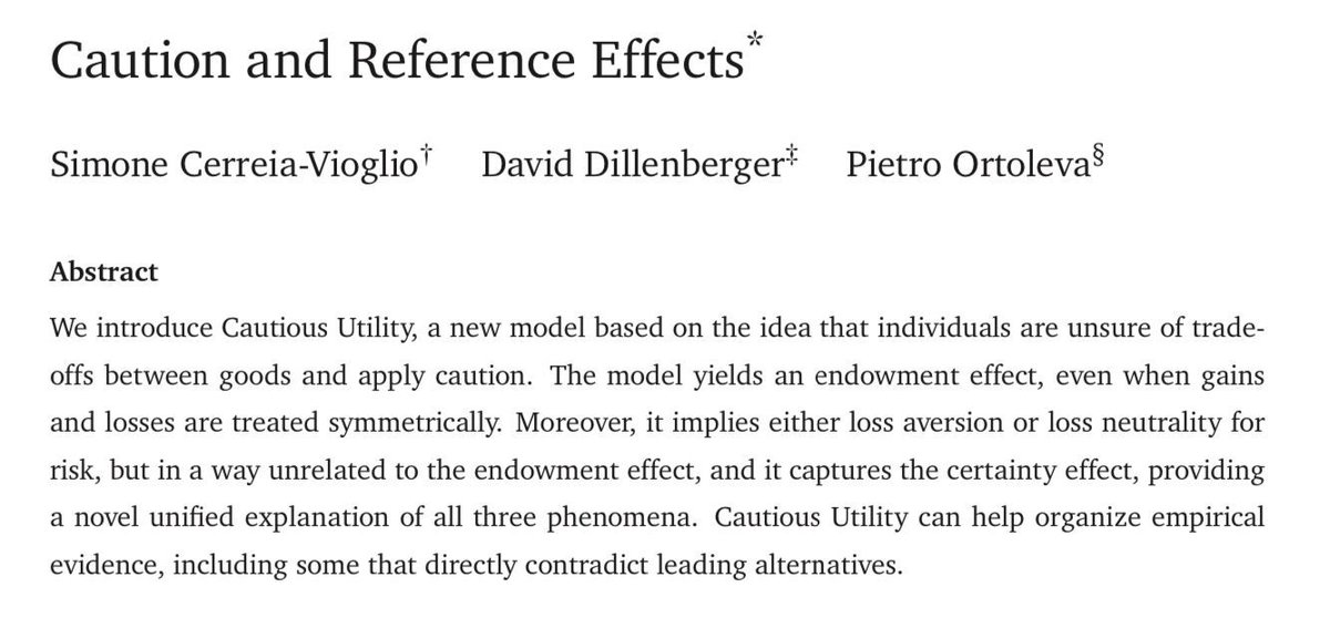 Is the endowment effect not a consequence of loss aversion? Cautious Utility—a new model—suggests it can arise from uncertainty about tradeoffs, and yields an endowment effect even if losses and gains are treated symmetrically: buff.ly/3PZIA6E via coauthor @pietroortoleva