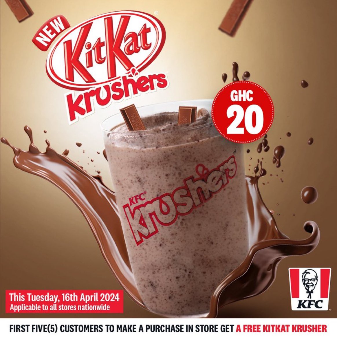 I want you to know that KFC is giving the first five customers a 𝐅𝐫𝐞𝐞 𝐊𝐢𝐭𝐤𝐚𝐭 𝐊𝐫𝐮𝐬𝐡𝐞𝐫 with any purchase. #KFCKitKatKrusher

Enjoy huge taste, robust flavour, and coolness now at every KFC store across the country.