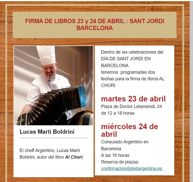 Si el 23 o el 24 vas a estar por Barcelona 
Pásate por Delicatessen Argentinas, carnes premium ...que charlamos un poco y te cuento más secretos para el choripan perfecto y te firmo el libro. Los espero