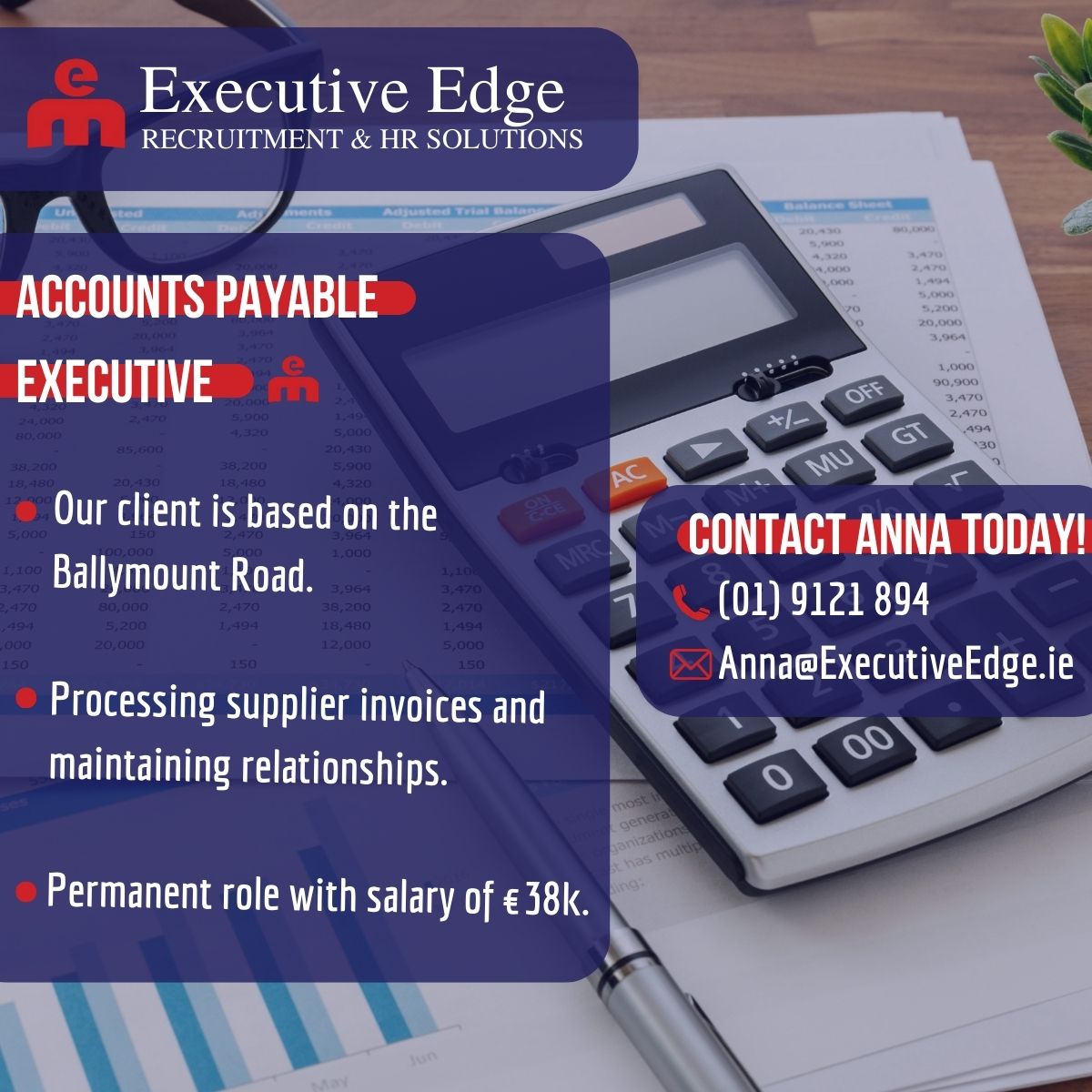 Anna is seeking an experienced Accounts Payable Executive for a client in Dublin 12. Chat to Anna today on (01) 9121 894!
Find out more at: executiveedge.ie/job/accounts-p…
#DublinJobs