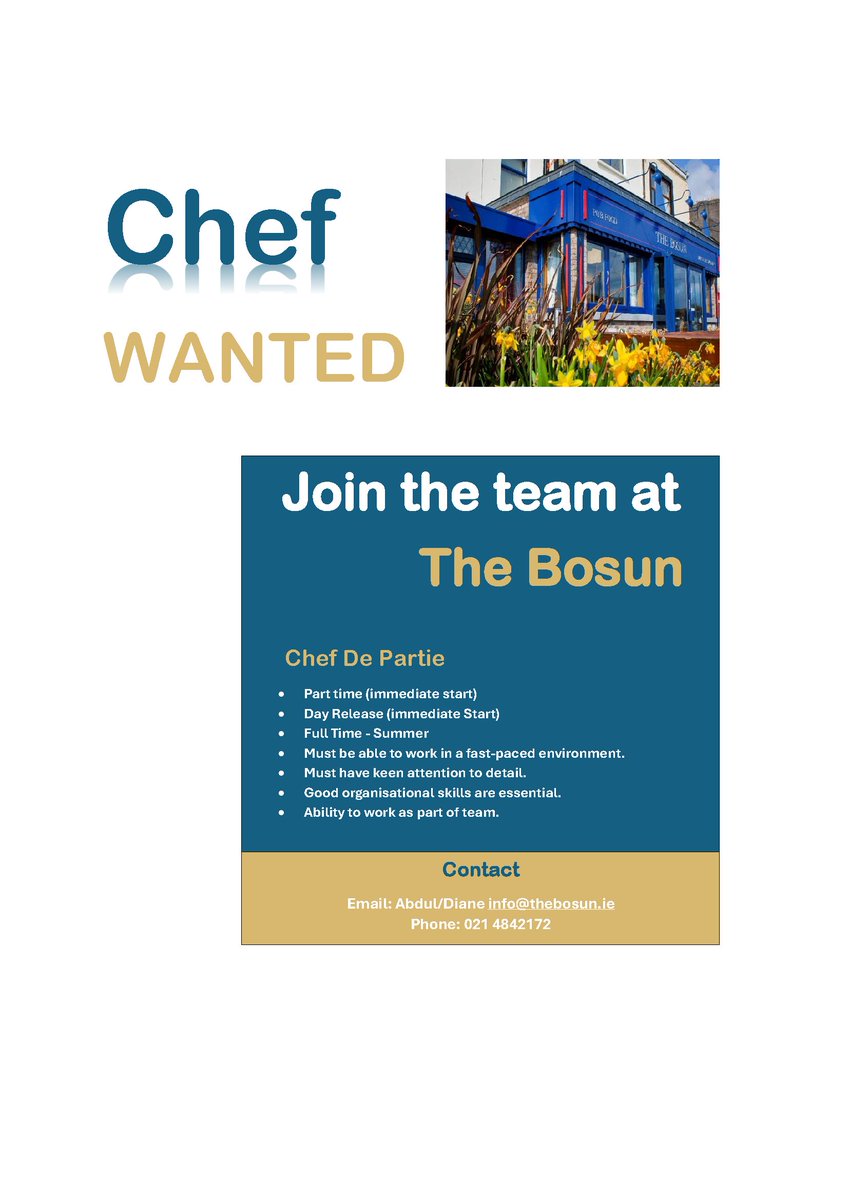 @TheBosunInn are seeking a Chef de Partie to join their team.  Details in the advert below #jobfairy