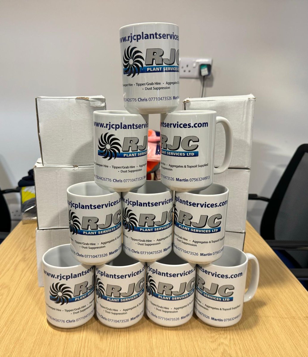 Another day, another bit of quality RJC branded merch! Back by popular demand - the giant mugs!

If you're going to have a cup of Yorkshire Tea, you want something decent to have it in 😉

#GrabHire #YorkshireBusiness #RoadSweeperHire