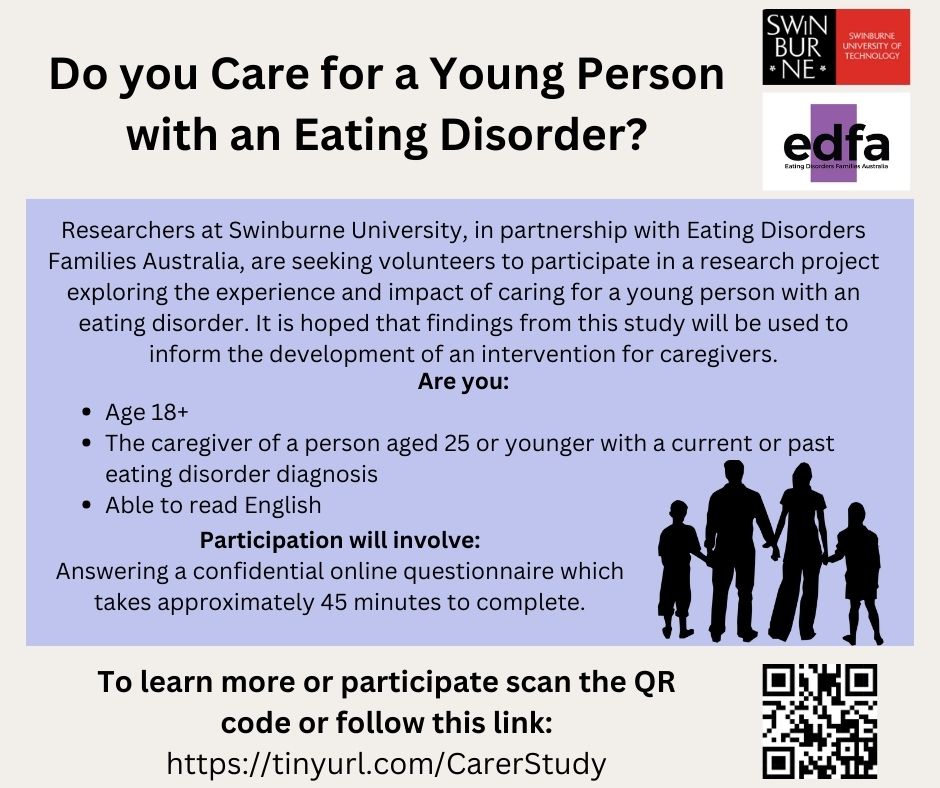 🔎 Do you care for a young person with an eating disorder? Researchers at @Swinburne & @edf_aust, are seeking participants for a research project exploring the experience & impact of caring for a young person with an eating disorder. Find out more here: bodywhys.ie/research-reque…