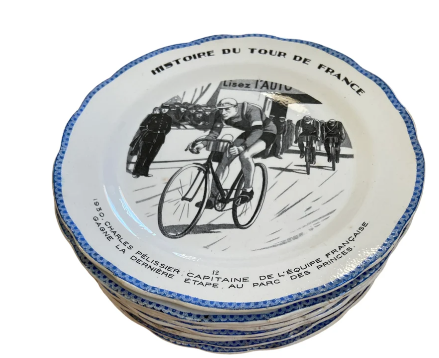 While I'm the subject of commemorative Tour de France plates - check out this set from the 1936 Tour. How good would these be with some cheese? I'd like to think each one shows a different rider or tells a different tale... #cyclingmemorabilia #TourDeFrance