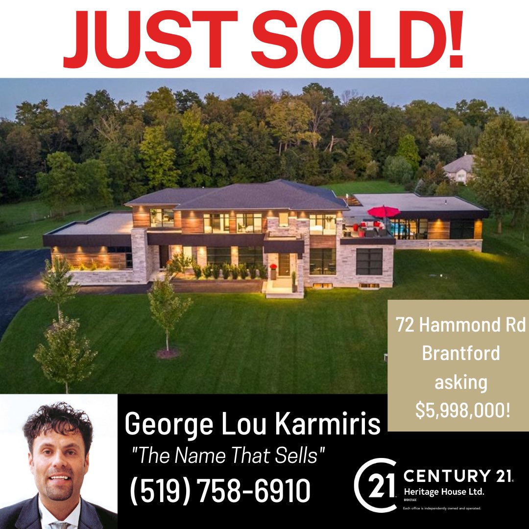 Name_That_Sells's tweet photo. #JustSold 72 Hammond Rd Brantford asking $5,998,000! When you want it SOLD big or small George Lou can do it all! ☎️ George Lou Karmiris “The Name That Sells” Brantford &amp; Brant County’s #1 Realtor for 18 years to work for you! No Question About It. 519 758-6910 cell #SOLD https://t.co/2BrbplQXqS