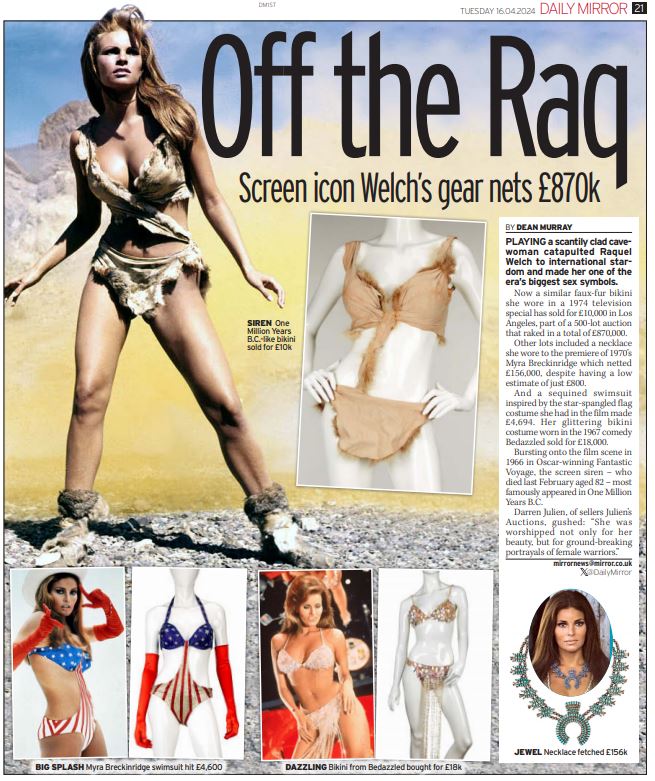 Movie icon Raquel Welch's iconic wardrobe sells for $1 million dollars at auction. In papers via @SWNS