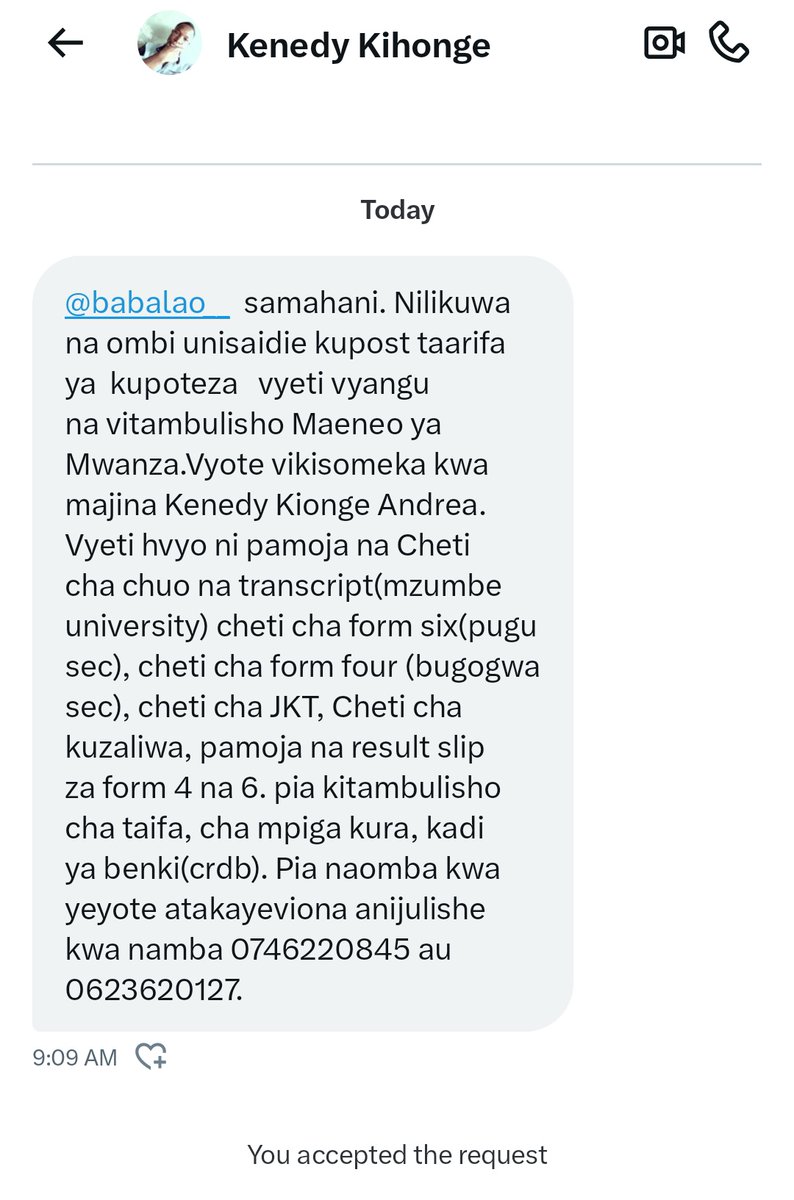Kindly retweet. Ndugu Yetu Kenedy Kapoteza Vyeti Vyake maneo ya Mwanza. Anaomba yeyote atakaye viona awasialiane naye.