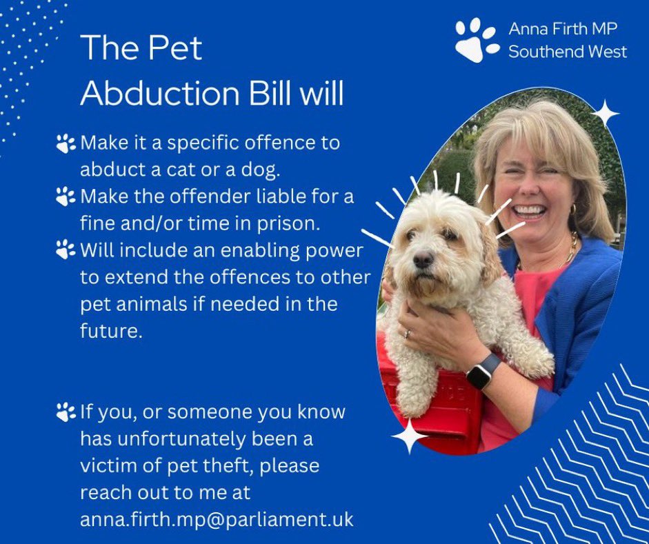 This Friday @Anna_Firth's Pet Abduction Bill will have its remaining stages in the House of Commons 🤞 Many MPs have supported #PetTheftReform over the years (thank you) - we urge them to attend to support Anna and the Bill's progress. @SAMPAuk_ @PickliciousF @APGOCATs RT 🐾