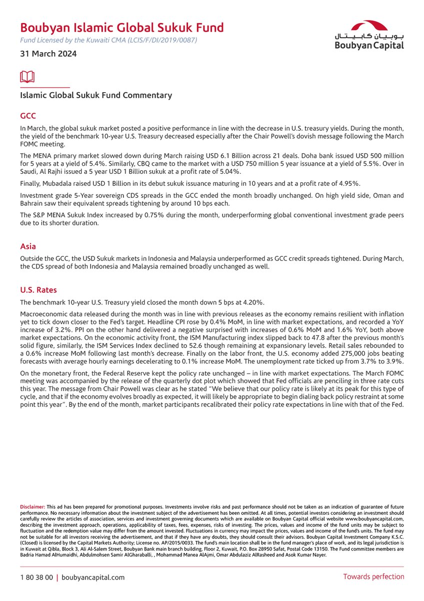 Islamic Global Sukuk Fund Monthly Fact Sheet – March 2024. For more information visit our website bbyn.io/3RsRx6G

#Sukuk #islamicfinance #performance #boubyancapital