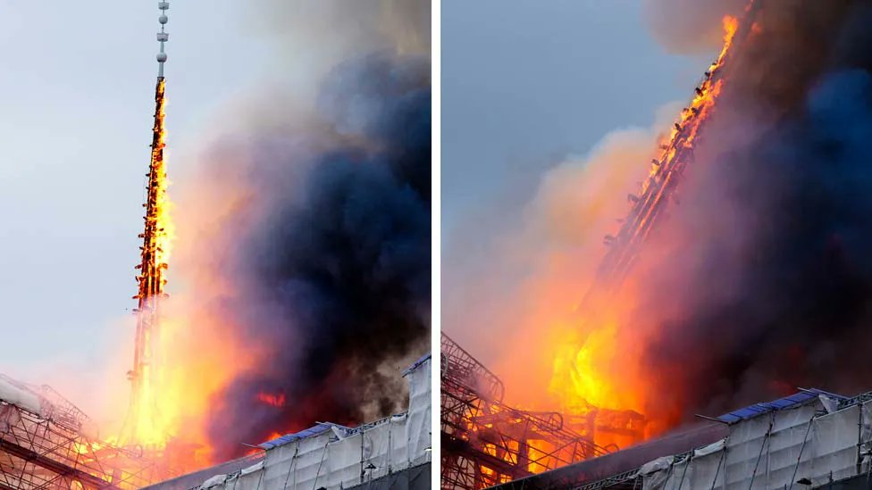 Denmark's historic old stock exchange building in the centre of Copenhagen has been engulfed by fire: 'The 17th Century Børsen is one of the city's oldest buildings and onlookers gasped as its iconic spire collapsed in the flames.' bbc.co.uk/news/world-eur…