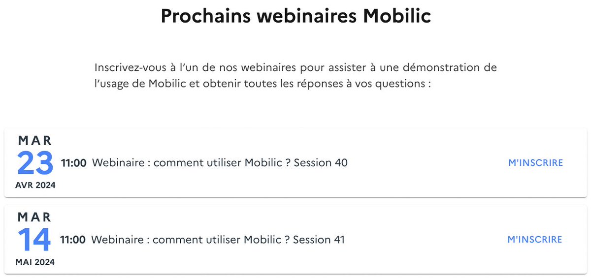 Assistez à une démonstration de <a href="/Mobilic_gouv/">Mobilic</a> lors d'un webinaire !

➡️ Prochaines sessions : 

- Mardi 23 avril 2024 à 11h : app.livestorm.co/mte/webinaire-…
- Mardi 14 mai 2024 à 11h : app.livestorm.co/mte/webinaire-…