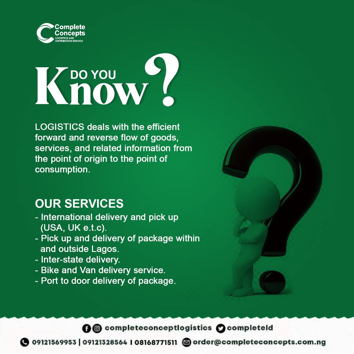 completeconcep's tweet photo. If you're looking for a reliable and hassle-free logistics service, look no further. We pride ourselves on our dedication to customer satisfaction and our commitment to making logistics easy for you. Save yourself the stress and let us handle the logistics. https://t.co/G0Ig01Lq61