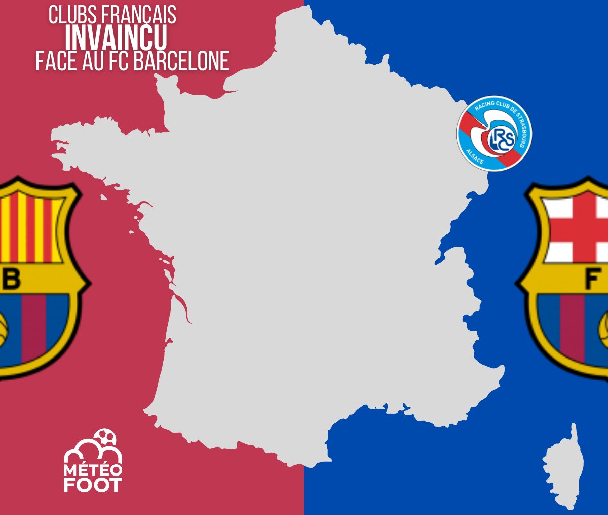 🔵 Alors celle-là je ne m'y attendais pas. Ils ont joué 3 MATCHS face au Barça, ils n'en ont PAS perdu un SEUL.. ..SI votre CLUB est PRÉSENT sur cette carte c'est qu'il est le SEUL CLUB FRANÇAIS INVAINCU face au FC BARCELONE en compétition OFFICIELLE ! ➡️ 3 matchs nuls #Ligue1…