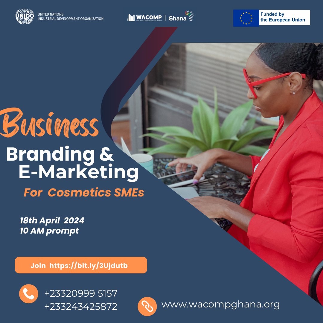 📌 EXCITING NEWS!
#SaveTheDate
Join the #UNIDO  <a href="/EuropeInGhana/">European Union in Ghana</a>  <a href="/WACOMPGhana/">WACOMP Ghana</a> webinar!
🎯 Topic: Business Branding and E-Marketing Strategies
🗓 Date: April 18th, 2024
🕙 Time: Starting sharp at 10 am
Join Zoom Meeting
zoom.us/j/97504455782?…