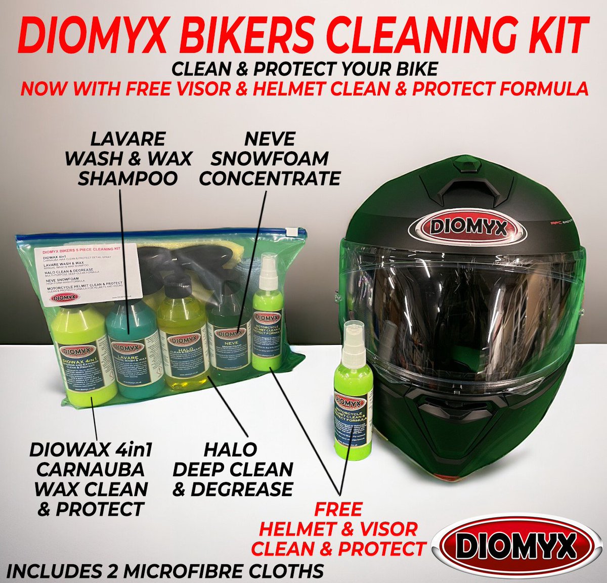 NOW YOU CAN CLEAN & PROTECT YOUR BIKE WITH THIS EXCLUSIVE PACKAGE WITH FREE HELMET & VISOR CLEAN & PROTECT OFFER! This exclusive kit compromises DIOWAX 4in1, HAL DEEP CLEAN & DEGREASE, LAVARE WASH & WAX, NEVE SNOW FOAM. get yours at diomyx.co.uk