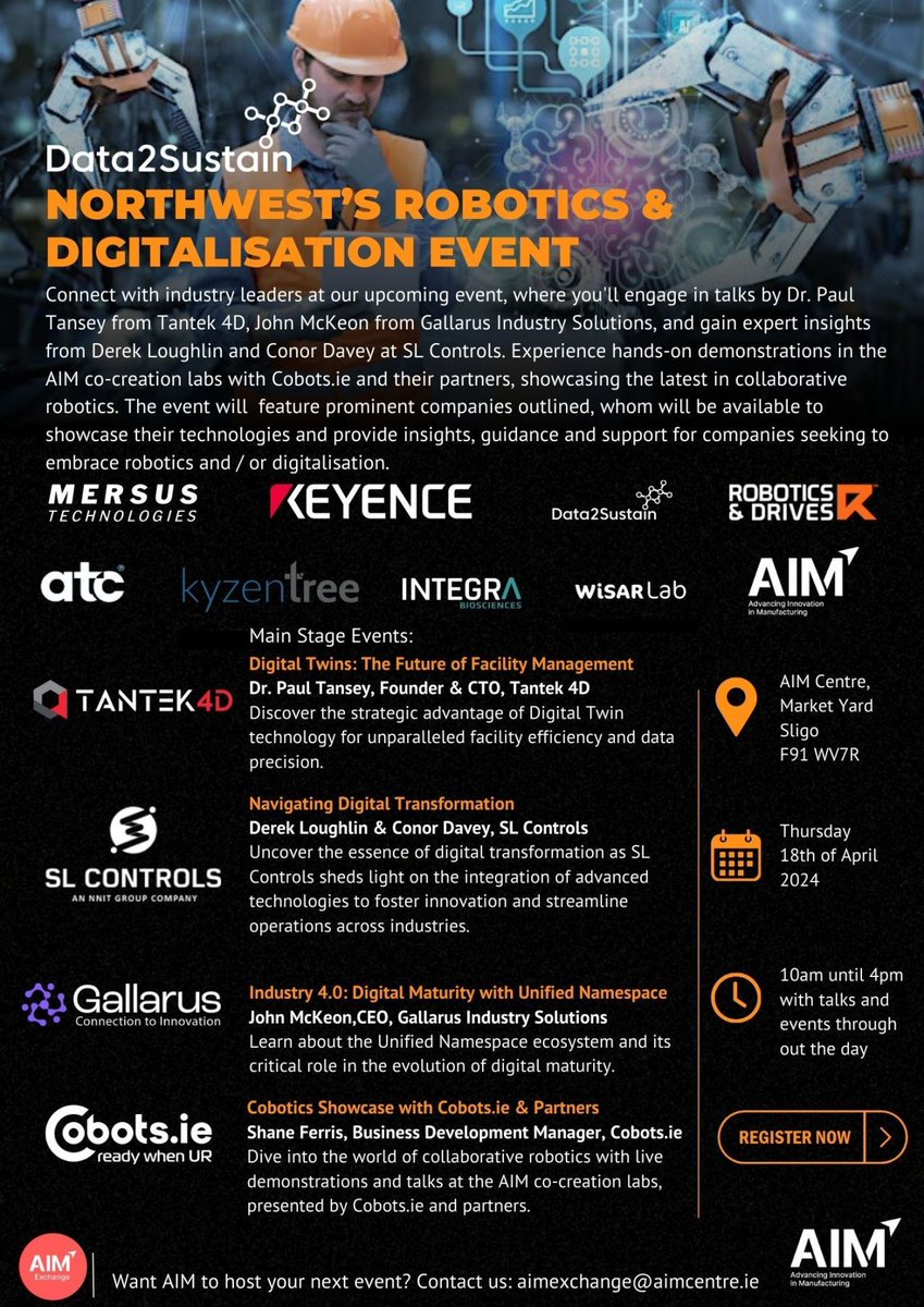 Join us at the AIM Centre, Sligo at 10am, next Thursday, April 18th for the @Data2Sustain Northwest's Robotic and Digitalisation Event where we will be holding our interactive #ChatGPT workshops. Register: eventbrite.com/e/robotics-dig…