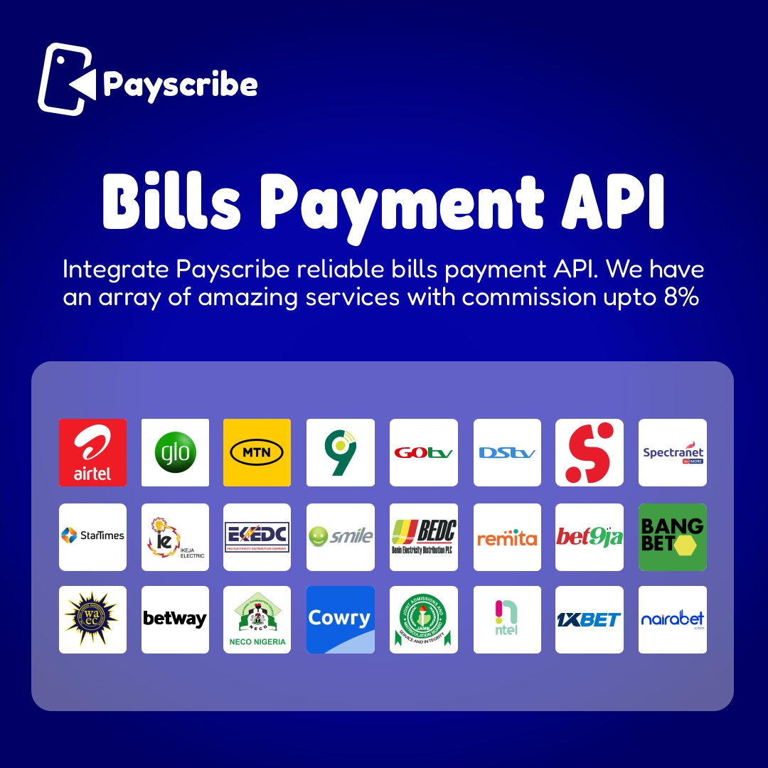 We have done the heavy lifting for you. Give your customers a wide range of services that will make them glued to your platform and enjoy high commissions.

Send us a DM to get started or visit payscribe.co to learn more.

#BillsPayments #API #Developers #integration