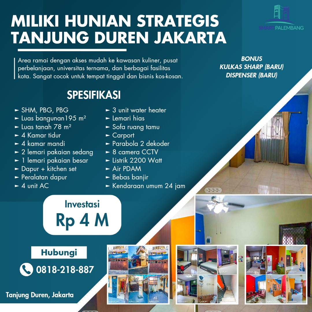 SmartPalembang's tweet photo. Hunian Strategis di Tanjung Duren Jakarta

SHM, PBG, PBB
LB 195 m² LT 78 m²
4 KT 4 KM

Bonus
•Kulkas Sharp
•Dispenser

Buruan survei lokasi sebelum kehabisan!

#rumahtanjungduren
#propertitanjungduren
#koskosantanjungduren
#rumahjakarta
#propertijakarta
#smartpalembang https://t.co/TOkL55FbLt