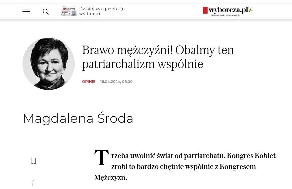 Niezawodna prof. Środa w Wyborczej wyśmiewa Kongres Mężczyzn 🙃 To najlepszy dowód, że Kongres jest potrzebny! Dzisiaj kończy się rejestracja na Kongres. To ostatnia szansa, żeby zarejestrować się i w sobotę w Krakowie spotkać prawdziwych ekspertów: kongres-mezczyzn.konfeo.com