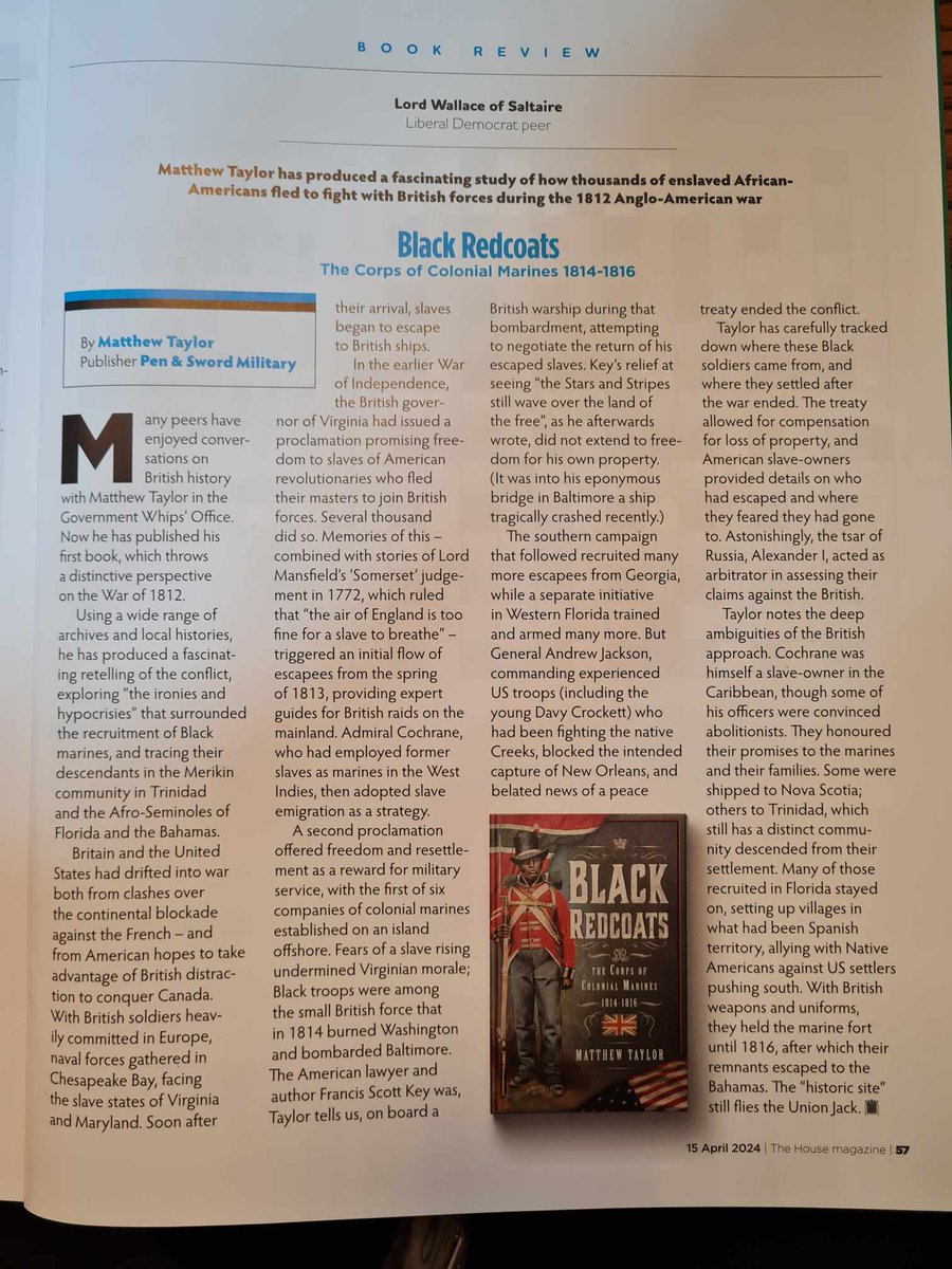 Deeply honoured to have had my @penswordbooks 'Black Redcoats' reviewed in House Magazine @TheHouseMag - the 'school magazine' of @UKParliament.