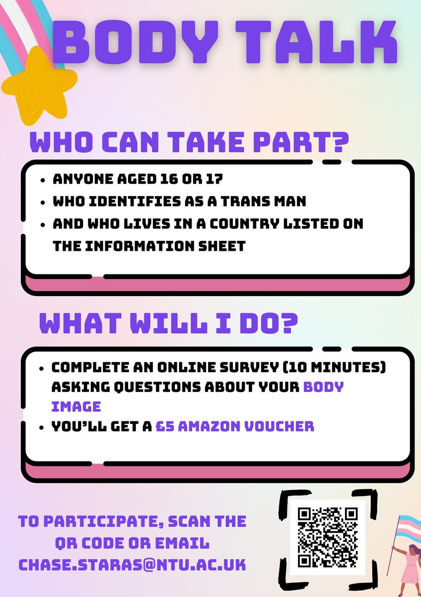 We are looking for young #trans and #genderdiverse people to take part in a short online survey about body image. Please share with your networks if you can. ntupsychology.eu.qualtrics.com/jfe/form/SV_0I…