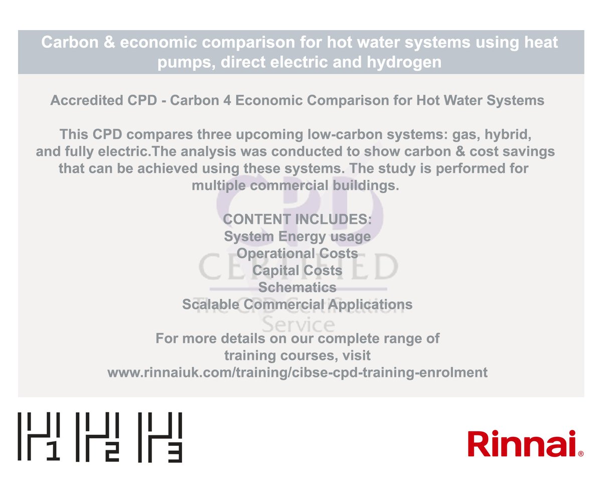 🖊 New CPD Dates Available: ✔ Accredited CPD -
Carbon 4 Economic Comparison for Hot Water Systems.  
Join us to learn 👨‍🎓 more about heat pumps, Direct Electric & Hydrogen Systems.
Visit: rinnai-uk.co.uk/training/cibse…

#hotwatersystems #heatingsolutions #hotwater