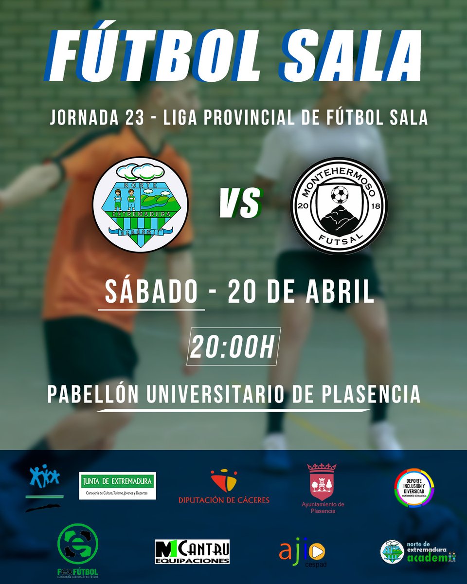 JORNADA 23 - LIGA PROVINCIAL FS ⚽️

📅Sábado, 20 de abril

🕒20:00h

🆚 <a href="/MontehermosoFu1/">CD GRAVERA VALDEFUENTES Montehermoso Futsal</a> 

📍Pabellón Universitario de Plasencia

#Vamosneacademii