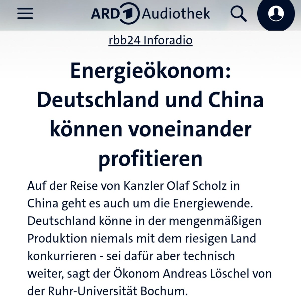 Auf der Reise von Kanzler Olaf Scholz in #China geht es auch um die #Energiewende. Deutschland könne in der Menge niemals mit dem riesigen Land konkurrieren - sei dafür aber systemisch oft weiter, sagt der Ökonom Andreas Löschel von der @ruhrunibochum. ardaudiothek.de/episode/wissen…