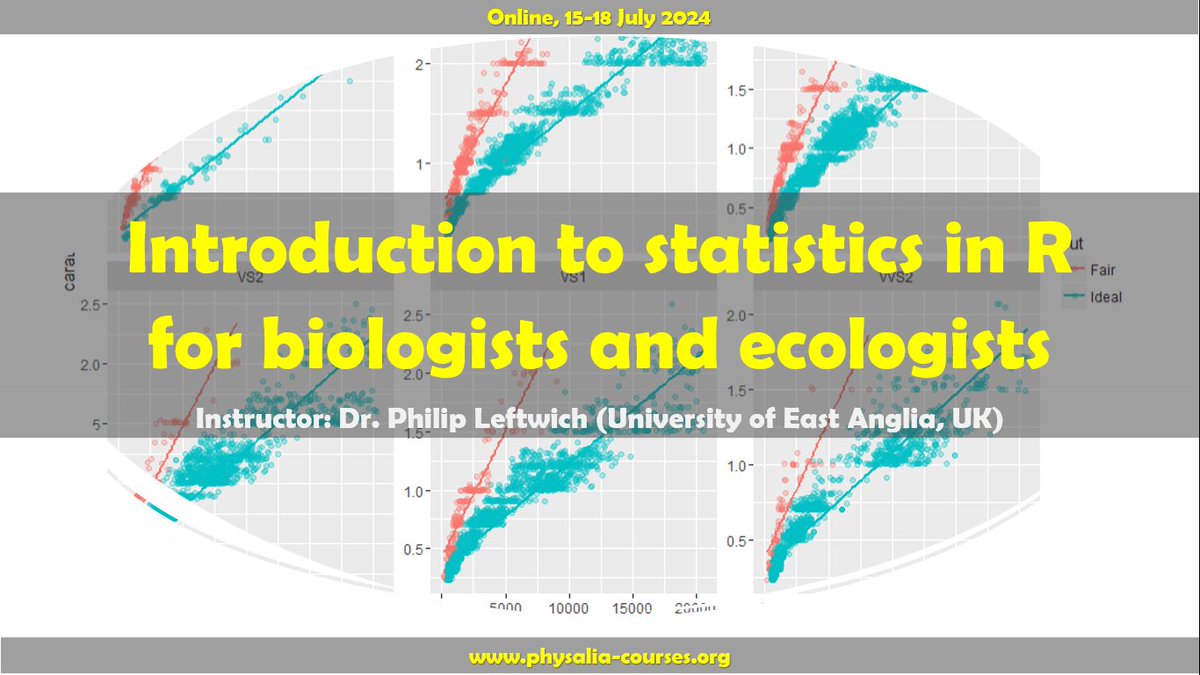 📊 There are still a few seats available for the course 'Introduction to Statistics in R for Biologists and Ecologists' with @PhilipLeftwich! Join us to advance your statistical skills and unleash the power of R in your research journey. physalia-courses.org/courses-worksh…