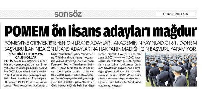 <a href="/AliYerlikaya/">Ali Yerlikaya</a> Önlisans mezunu adaylar 31. Dönem POMEM ilanına başvuru yapamadı. Önlisans mezunu onbinlerce aday tekrar kendilerine kontenjan verilmesini istiyor.  Bilgilerinize arz ederiz. <a href="/AliYerlikaya/">Ali Yerlikaya</a>