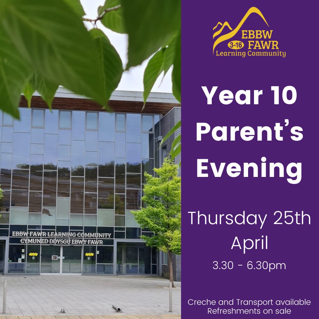 Date for your diary! It's our Year 10 Parent's Evening on Thursday 25th April! We look forward to seeing you between 3.30 - 6.30pm, and there is a creche and transport available.