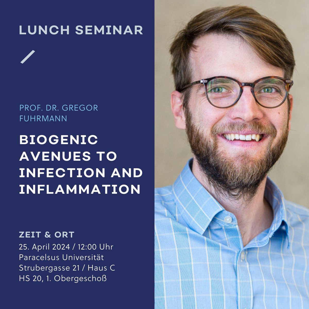 It is a great pleasure for us to announce, that on Thursday, April 25, at 12:00 pm, a talk will be given by Prof. Dr. Gregor Fuhrmann, FAU Erlangen upon invitation of Prof. Strunk, PMU Cell Therapy Institute. Title: „Biogenic avenues to infection and inflammation“.