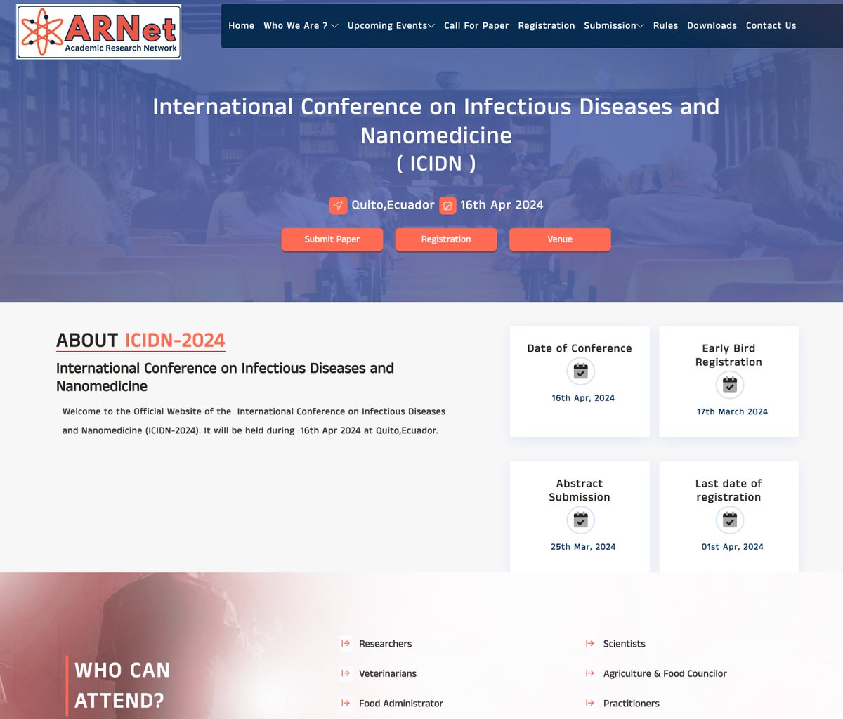 So apparently, this is kicking off today.

International Conference on Infectious Diseases and Nanomedicine

academicresearchnetwork.com/Conference/56/…