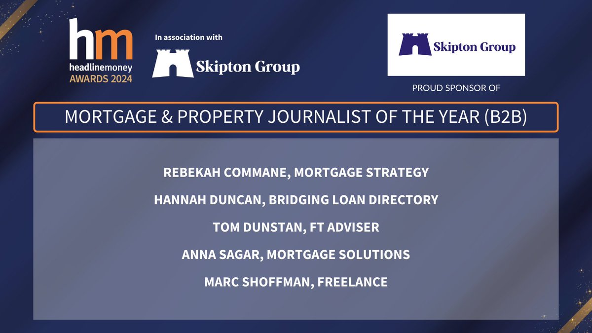 Headlinemoney (@headlinemoney_) on Twitter photo Here we go... the shortlists for the #HMAwards24!
First up is our Mortgage & Property Journalist of the Year (B2B) category, sponsored by @SkiptonBS_Press!
Congrats to <a href="/BekCommane/">Rebekah Commane</a>, @hannahduncan_IC, <a href="/tom_dunstan/">Tom Dunstan</a>, @annasagarMS & <a href="/marcshoffman/">Marc Shoffman</a>
🍾
tinyurl.com/dxtr4nt8 Here we go... the shortlists for the #HMAwards24!
First up is our Mortgage & Property Journalist of the Year (B2B) category, sponsored by @SkiptonBS_Press!
Congrats to <a href="/BekCommane/">Rebekah Commane</a>, @hannahduncan_IC, <a href="/tom_dunstan/">Tom Dunstan</a>, @annasagarMS & <a href="/marcshoffman/">Marc Shoffman</a>
🍾
tinyurl.com/dxtr4nt8