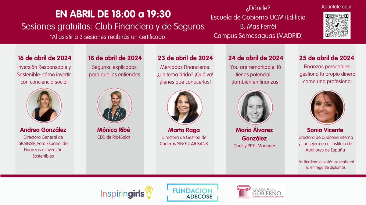 Hoy a las 18h continuamos con las sesiones de este Club financiero y de seguros para jóvenes que quieran aprender a gobernar su economía.