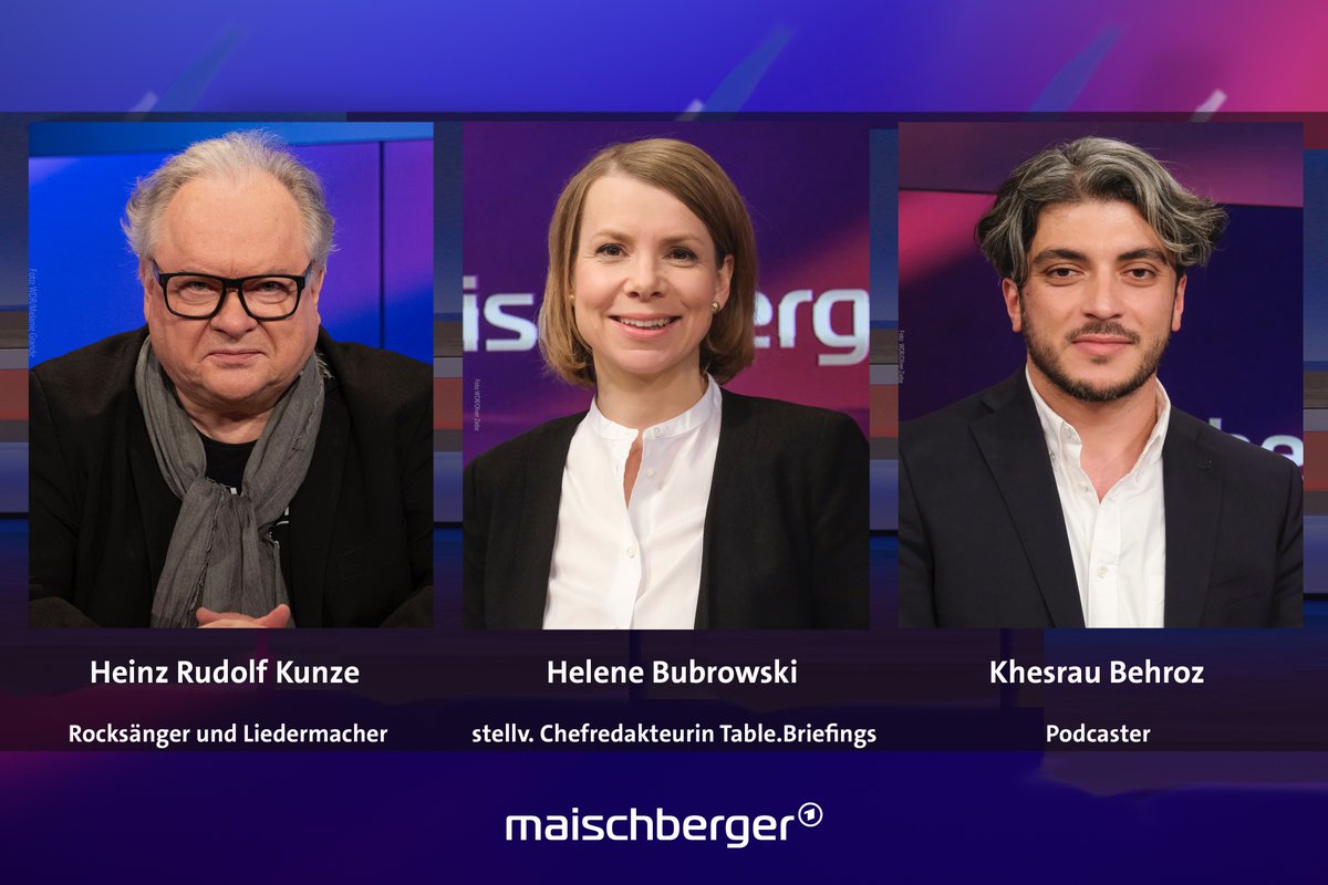 Es erklären, kommentieren und diskutieren heute bei #maischberger der Rocksänger & Liedermacher Heinz Rudolf #Kunze, die stellvertretende Chefredakteurin von Table.Briefings @HeleneBubrowski (@table_media_) sowie der Journalist und Podcaster @KhesrauBehroz. 📺 22:50 | @DasErste