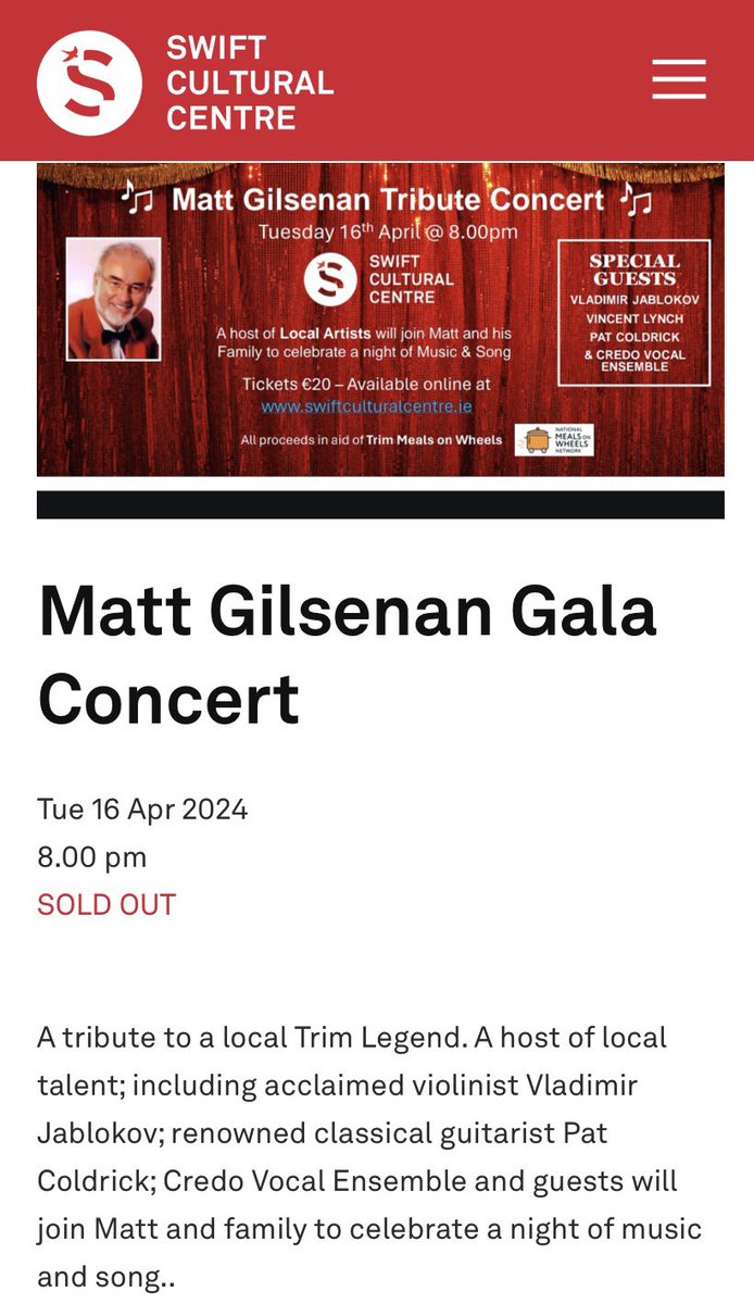 Tonight i will be in Trim Co.Meath and thrilled to be a guest at Matt Gilsenan’s Sold Out Tribute Concert at the new Swift Cultural Centre. A fitting celebration for a great man and his music🎼🎶