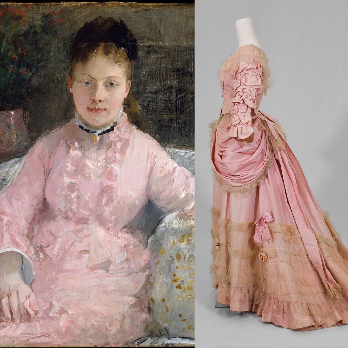 A flurry of ruffles make up the subject of Berthe Morisot’s 1870 portrait The Pink Dress, teenage sitter Marguerite Carré gazing out from the canvas in her sugary gown. A similar survival proves the popularity of the rosy hues during the period #newcanaanmuseum @metmuseum