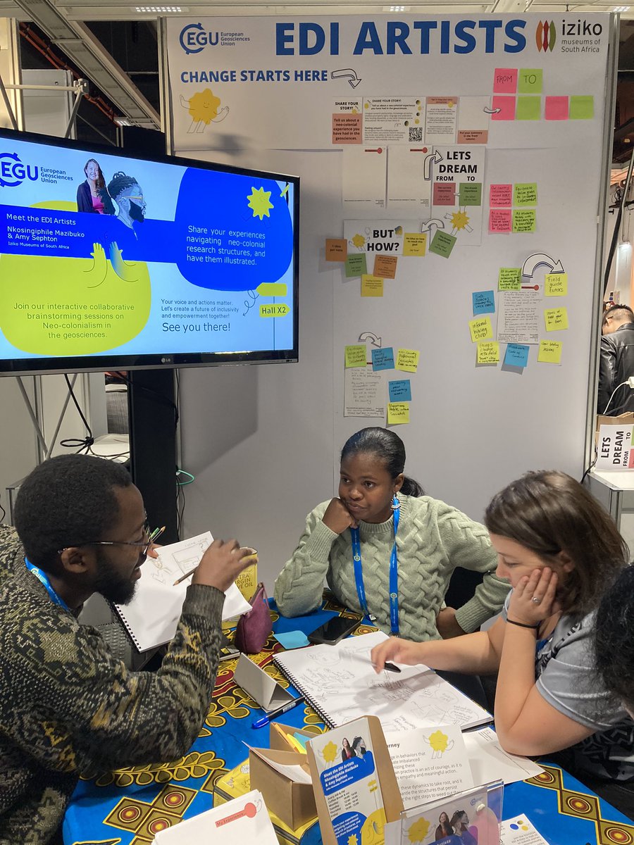 @EuroGeosciences #EGU24 @EGU_EDI Art Project in full swing 🙌🏽 @Iziko_Museums designers Nkosingiphile Mazibuko & Amy Sephton collecting stories of neo-colonialism & illustrating them 📝 Come & see your experiences coming alive before you eyes 👀