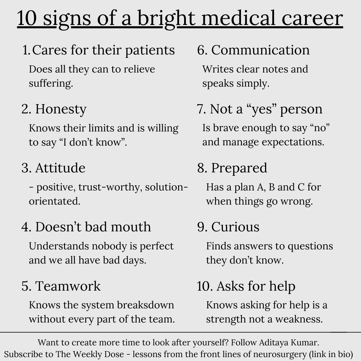 adi_kumar1's tweet photo. Over 13 years I've worked with over 600 doctors and know when someone will be a great colleague. 

Here are 10 signs of a bright career. https://t.co/K3pBu42taM