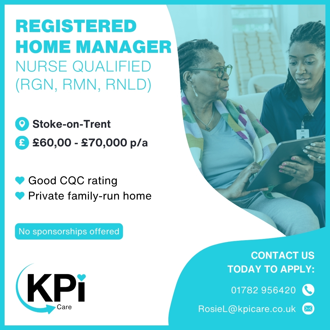 **REGISTERED HOME MANAGER** Stoke. Up to £70,000 p/a

Call 01782 956420 or email RosieL@kpir.co.uk to apply.

Visit bit.ly/KPICareJob to find MORE Jobs like this!

#CareHomeManager #CareHomeJobs #CareJobs #CareHomeNurse #StokeJobs #StaffordJobs #CreweJobs #KPIRecruiting