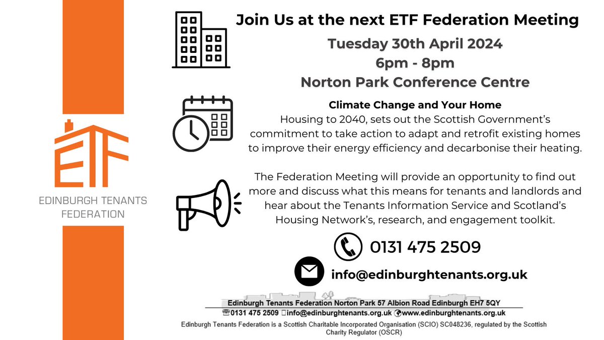 EdinburghTenant's tweet photo. The next ETF Federation meeting is on Tuesday 30th April, 6pm - 8pm at Norton Park Conference Centre. The topic is Climate Change and Your Home. Book a space by calling 0131 475 2509 or email info@edinburghtenants.org.uk https://t.co/m40jApxzin