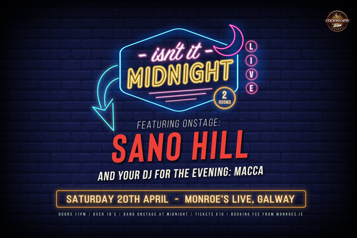 This Sat night, we've got critically acclaimed Galway based singer-songwriter Sano Hill playing our late night 'Isn't It Midnight' show! 🗓️ Sat 20 April 🎟️ bit.ly/SanoHillGalway 🚪 11pm And we've also got DJ Macca spinning tunes all night as part of 'Isn't It Midnight'!!