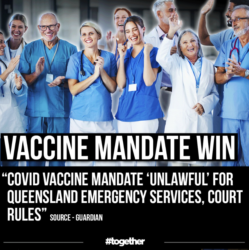 WIN: Covid vaccine mandate ‘unlawful’ for Queensland emergency services, court rules 'Police and ambulance workers given unlawful directions to get vaccinated or face potential disciplinary action, supreme court finds' Keep making voices heard #Together