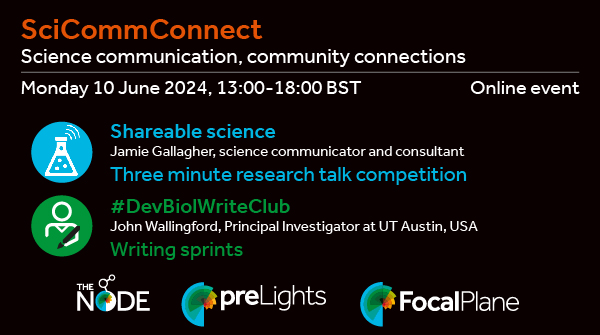 #SciCommConnect: Science communication, community connections Register to this free online event organised by the Node, @preLights & @focalplane_jcs! 📅10 June 🎤#SciComm talks from @JamieBGall & @jbwallingford 📢3-Minute research talks ✍️Writing sprints thenode.biologists.com/register-to-at…