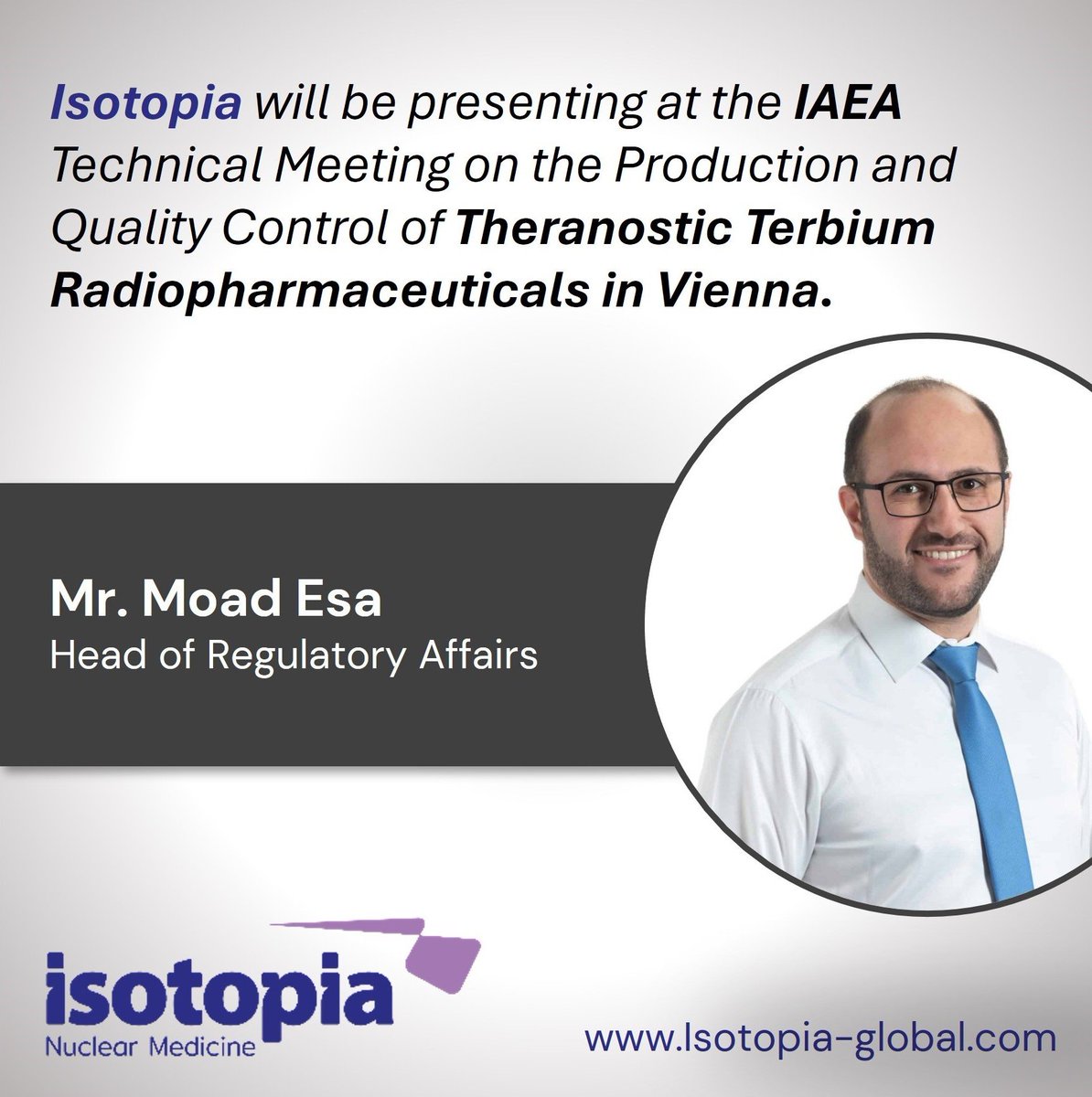 Mr. @Moad Esa will talk about the power of Auger Electrons in treatment of cancer and will provide an overview about the preclinical studies and clinical Phase I/II of Tb161-PSMA-I&T which we are supporting at the @Peter Mac Cancer Center in Australia.