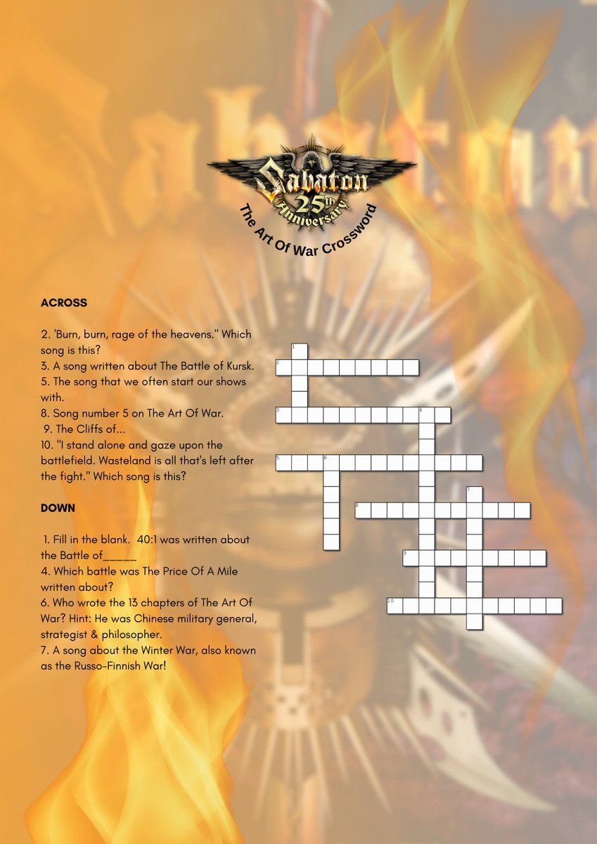 “THE ART OF WAR” CROSSWORD PUZZLE 🧩 Metalheads, it’s the perfect day for a mid-week, The-Art-Of-War-themed crossword puzzle. Can you solve it? Time yourselves and let us know how you do! Download a hi-res version of the crossword puzzle HERE 👉sabat.one/CrosswordTAOW