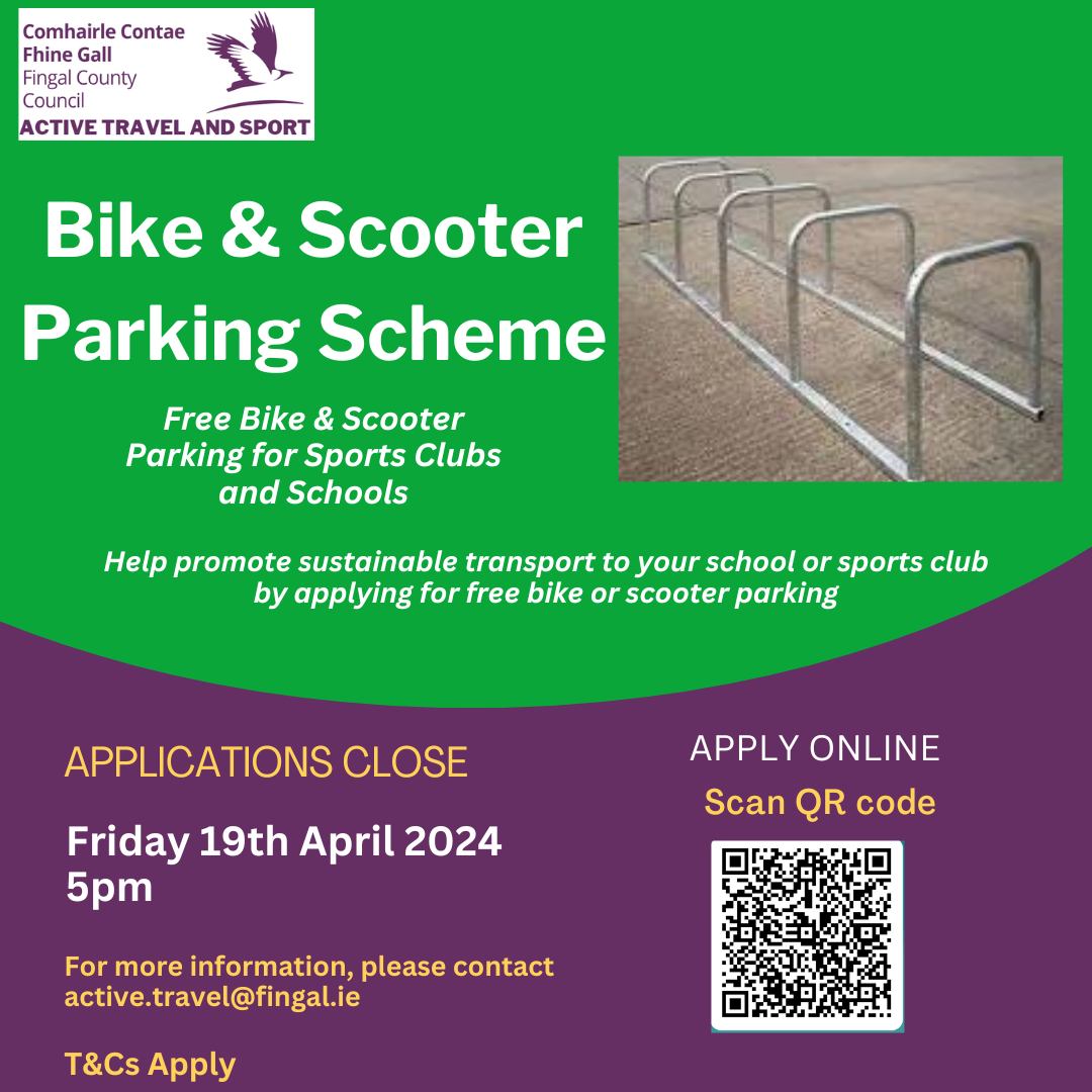 Does your school or sports club need parking racks for bikes and scooters? The @fingalcoco Bike and Scooter Parking Scheme is open for applications - closing date Friday April 19th. Get applying today at forms.office.com/e/A6pDfUQqG4 #activetravel