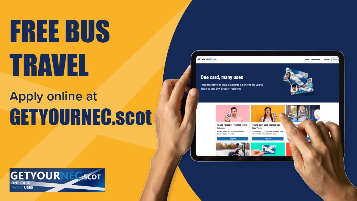 If you're over 60, under 22 or have a disability you can get #FreeBusTravel across the whole of Scotland. All you need to do is sign up via our getyournec.scot online platform or contact your local council for more information getyournec.scot/nec/