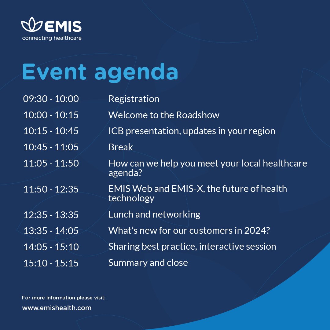 The EMIS Roadshows are well underway as we make our way around the country. The next event on our tour will be in Staffordshire, so make sure you make the most of this opportunity. Click here to register: okt.to/MGWqnh